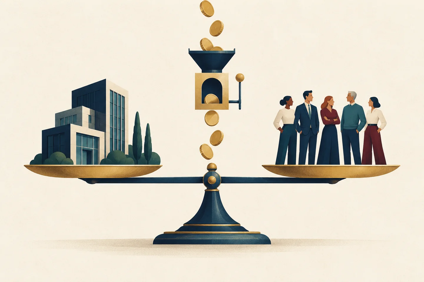 Une balance met en regard une entreprise et son équipe, reliées par un mécanisme de distribution mesurée.