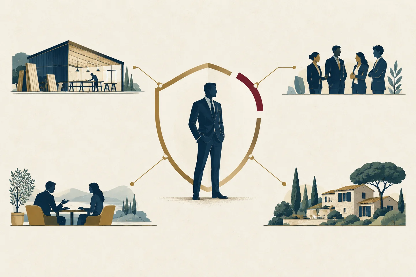 Un dirigeant au centre d'un bouclier relié à l'entreprise, l'équipe, les clients et la famille, avec une protection incomplète.