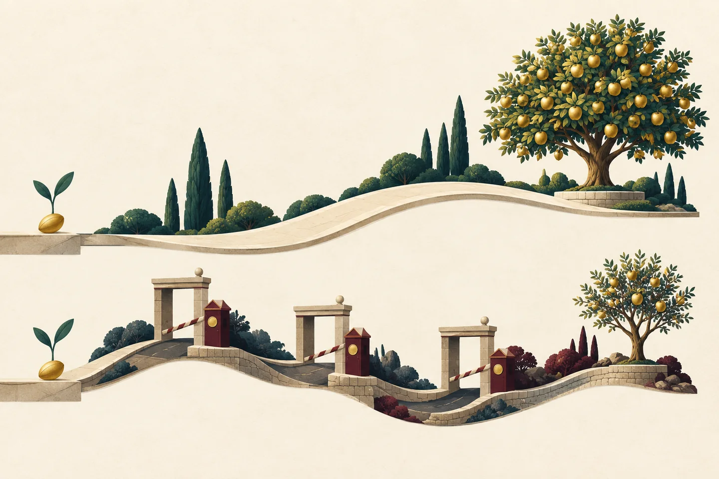 Deux parcours partent d'une même graine ; celui qui traverse plusieurs péages aboutit à un arbre moins développé.