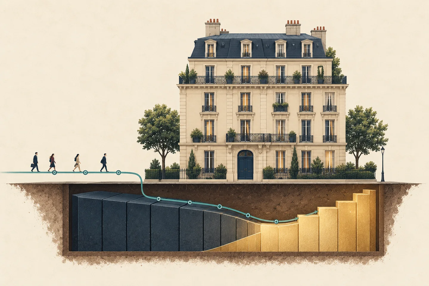 Sous un immeuble, la dette diminue progressivement tandis que la valeur nette construite augmente.
