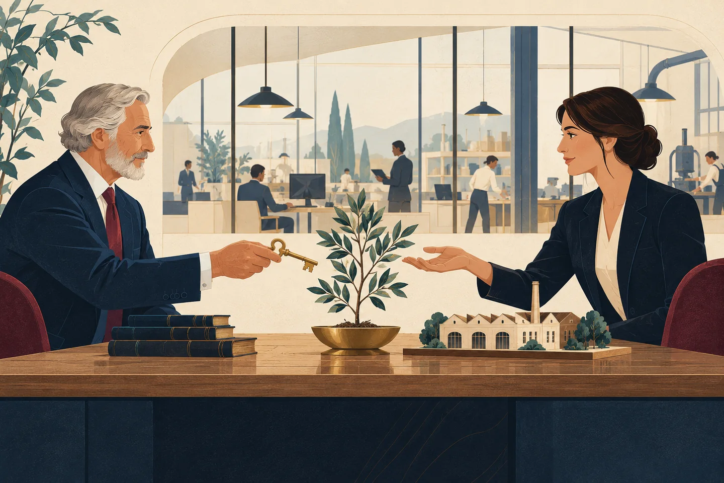 Un dirigeant transmet une clé, un savoir vivant et un modèle d'entreprise à sa successeure.